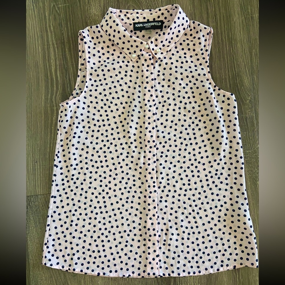 Karl Lagerfeld sleeveless button up pink and black polka dot blouse.